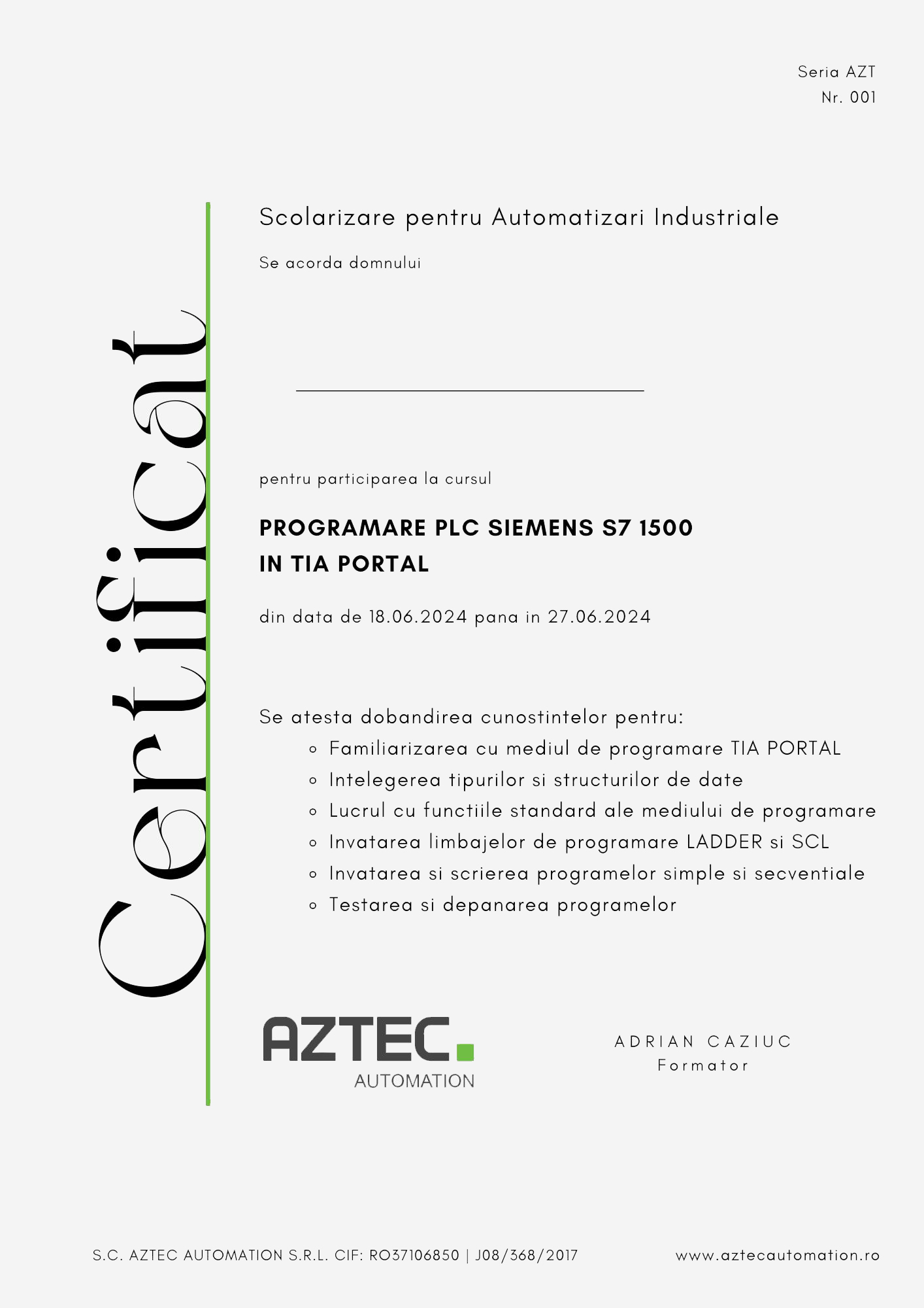 Diploma de competențe – Primii Pași în Programarea PLC
